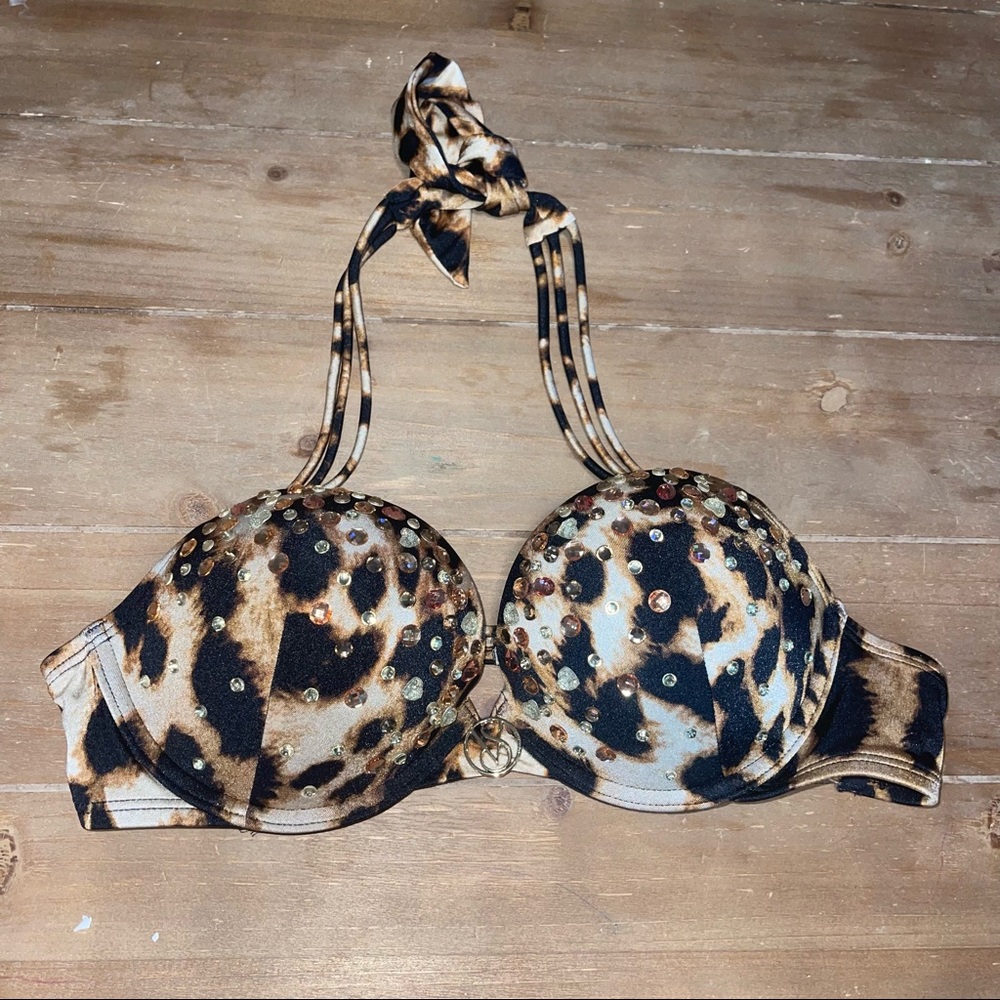 Victoria Secret Bombshell Bikini Swim Top Swimsuit Leopard Jewels Strappy
